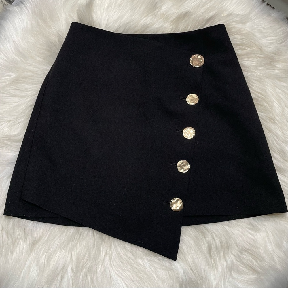 #0212 Pixie Market Black Asymmetrical Mini Skirt Back Zipper & Copper Buttons-XS